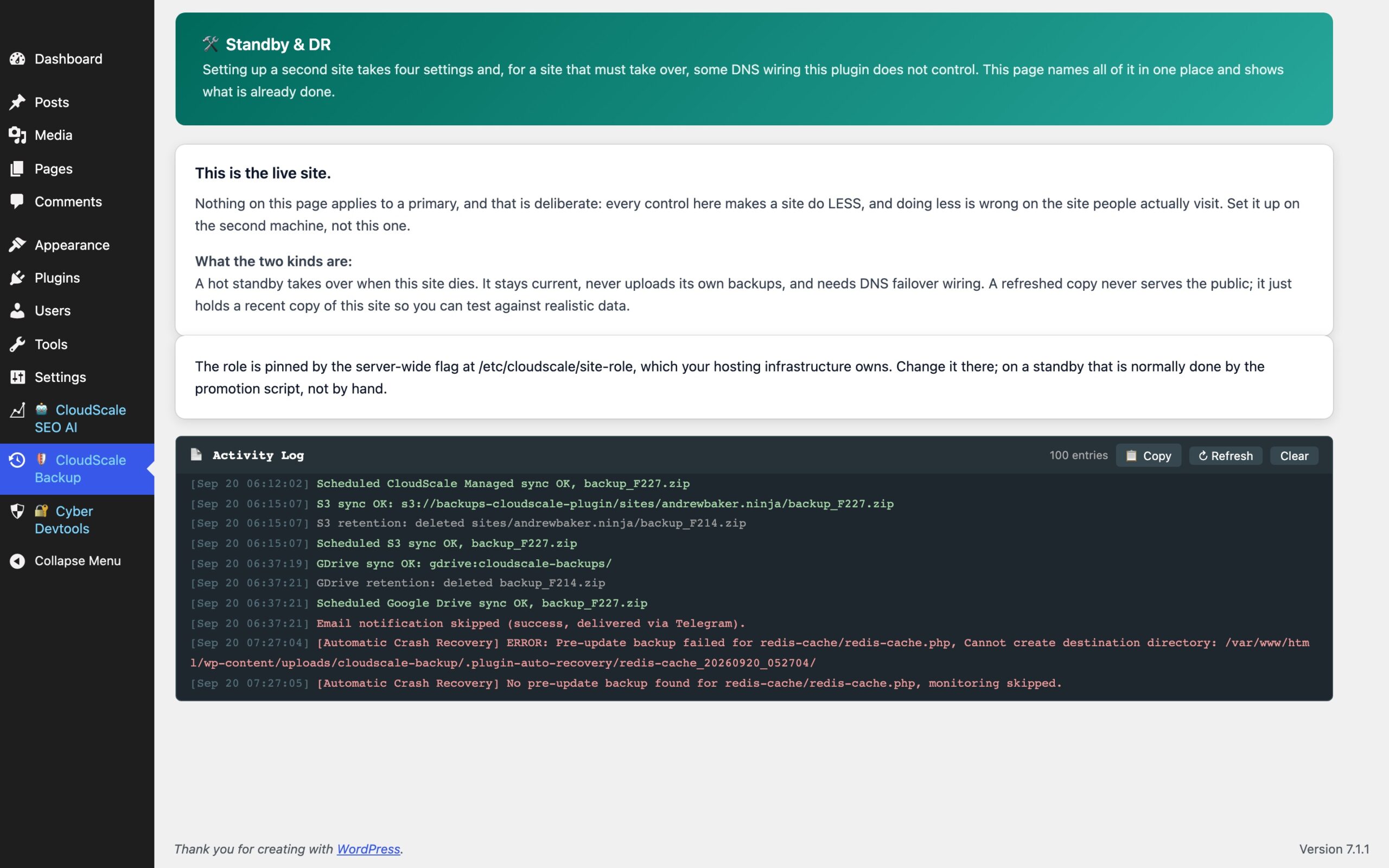 CloudScale Backup & Restore, Free WordPress Backup Plugin with One-Click Restore & Cloud Sync, Standby & DR (second site setup) screenshot