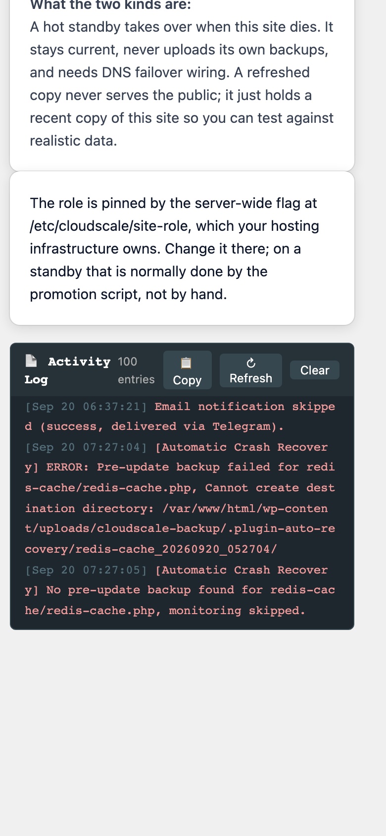 CloudScale Backup & Restore, Free WordPress Backup Plugin with One-Click Restore & Cloud Sync, Standby & DR (second site setup) screenshot, as it appears on a mobile screen