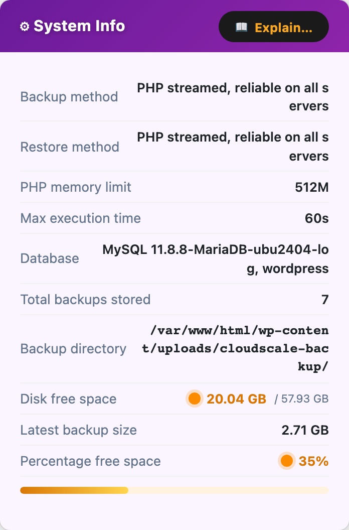 CloudScale Backup & Restore, Free WordPress Backup Plugin with One-Click Restore & Cloud Sync, System Info screenshot, as it appears on a mobile screen