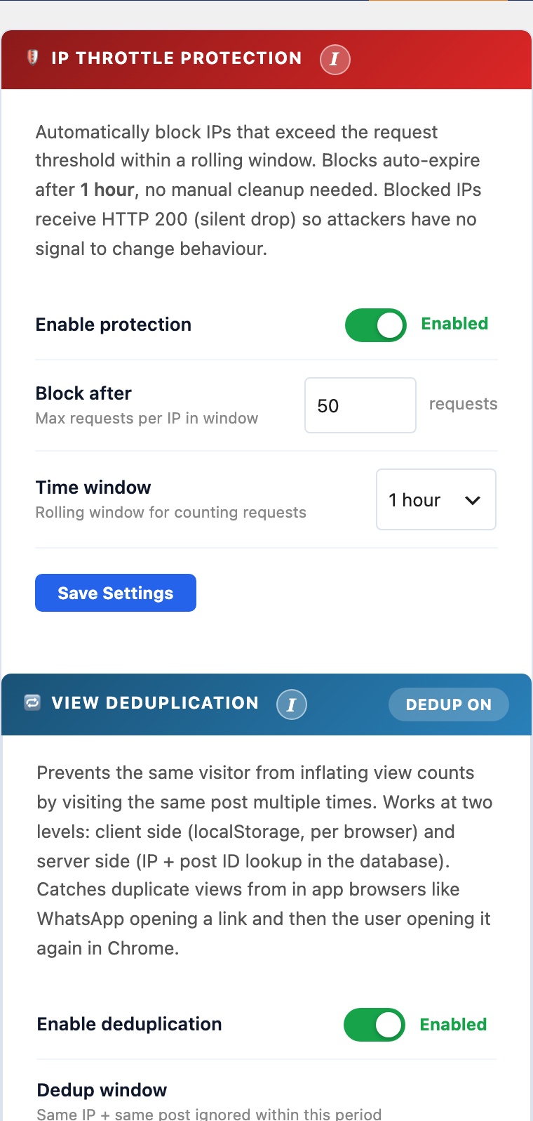 CloudScale Site Analytics, Free Privacy-First WordPress Analytics Plugin, IP Throttle screenshot, as it appears on a mobile screen