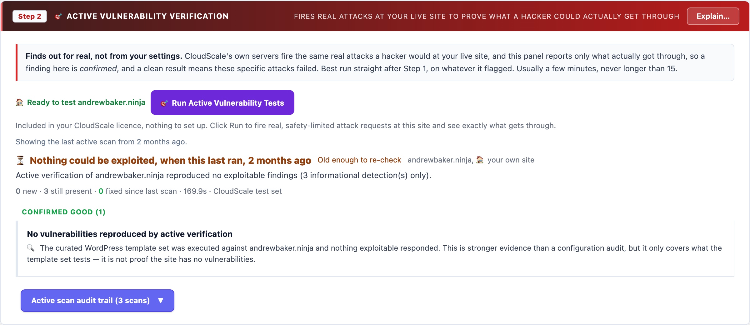 WordPress active vulnerability verification panel running curated CloudScale templates against the site with confirmed findings