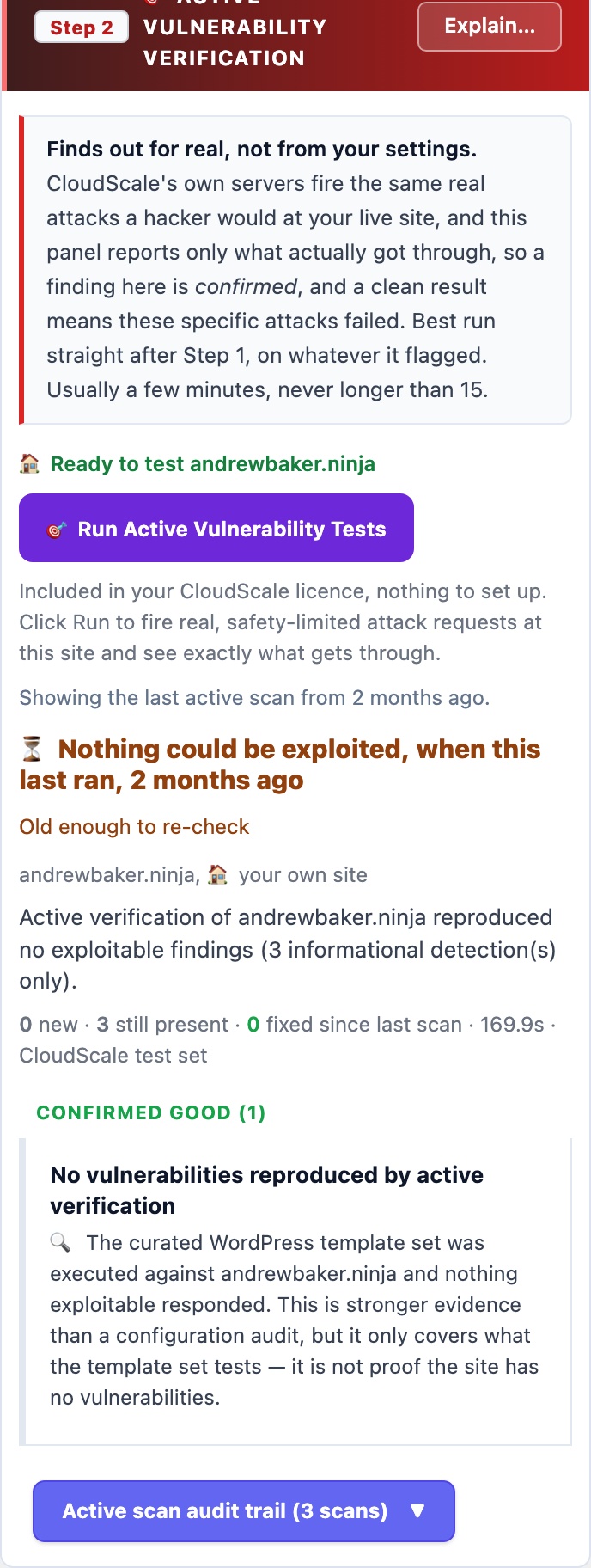 WordPress active vulnerability verification panel running curated CloudScale templates against the site with confirmed findings, as it appears on a mobile screen