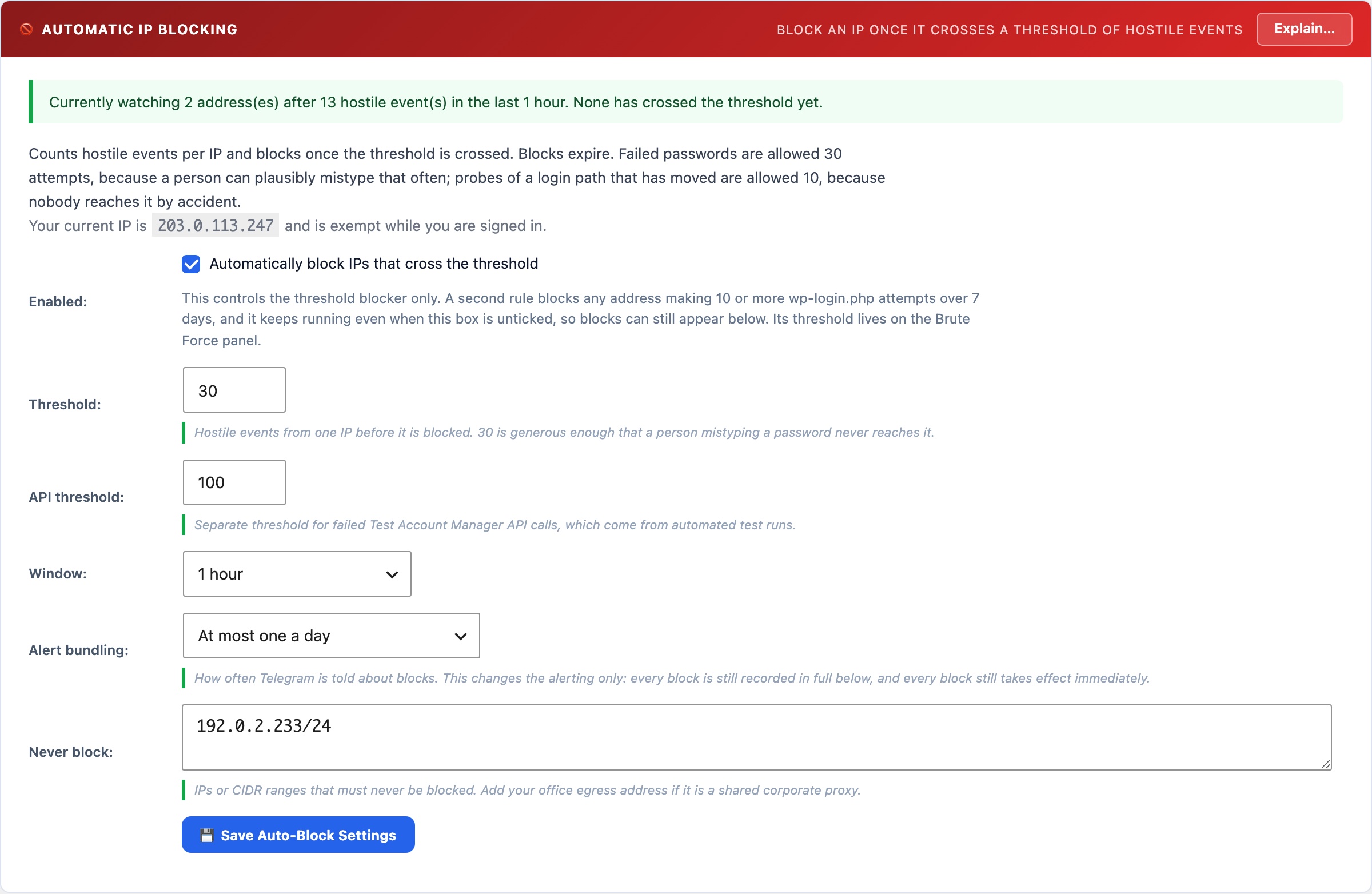 WordPress automatic IP blocking with configurable threshold, escalating expiry and Telegram alerts