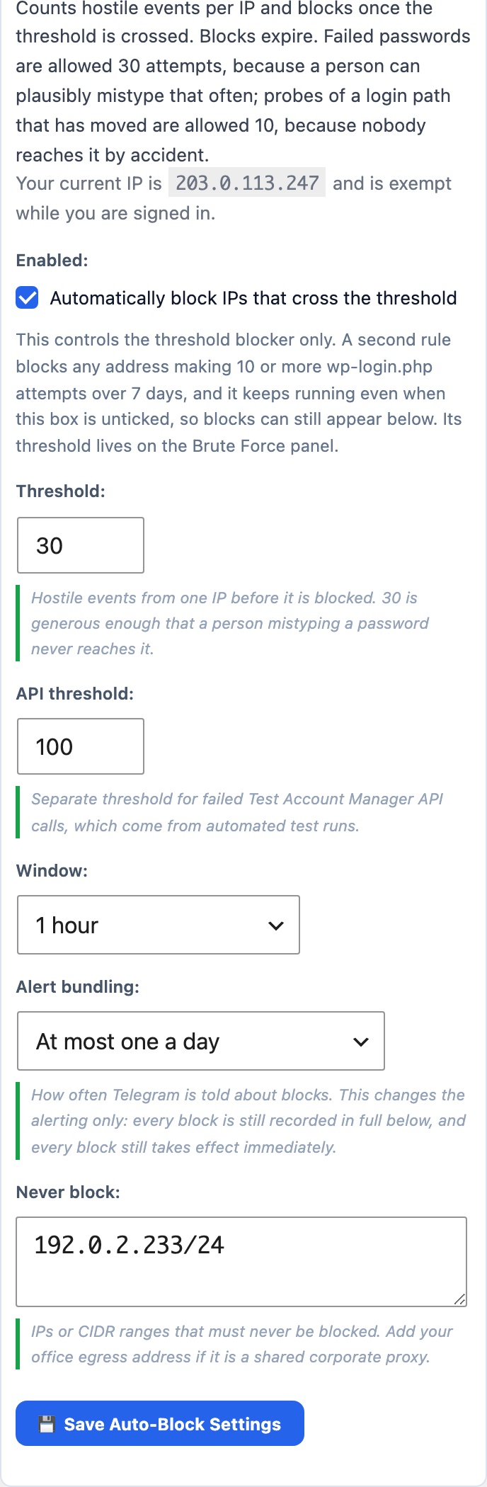WordPress automatic IP blocking with configurable threshold, escalating expiry and Telegram alerts, as it appears on a mobile screen