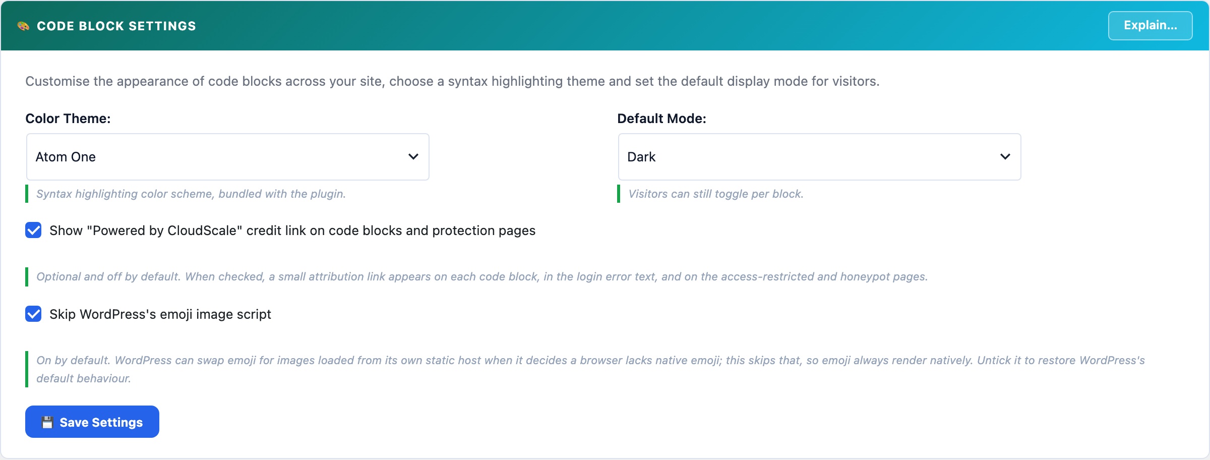 WordPress code block settings: Mermaid diagrams, 14 syntax themes, 37 languages, GitHub linking, batch migrator