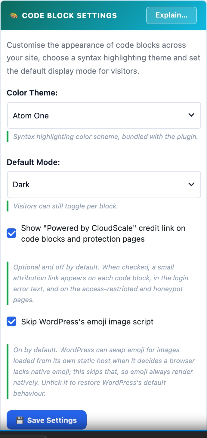 WordPress code block settings: Mermaid diagrams, 14 syntax themes, 37 languages, GitHub linking, batch migrator, as it appears on a mobile screen
