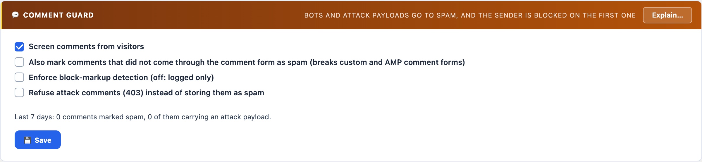 WordPress comment guard: honeypot, speed and rate checks and firewall rules on comment text, blocking the sender on the first attack
