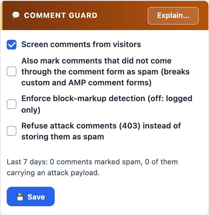 WordPress comment guard: honeypot, speed and rate checks and firewall rules on comment text, blocking the sender on the first attack, as it appears on a mobile screen