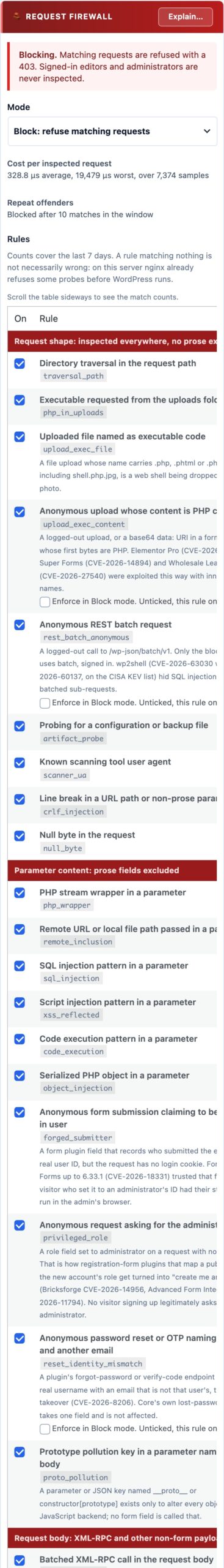 WordPress request firewall with 18 rules for SQL injection, XSS, code execution and file inclusion, in Log or Block mode, as it appears on a mobile screen