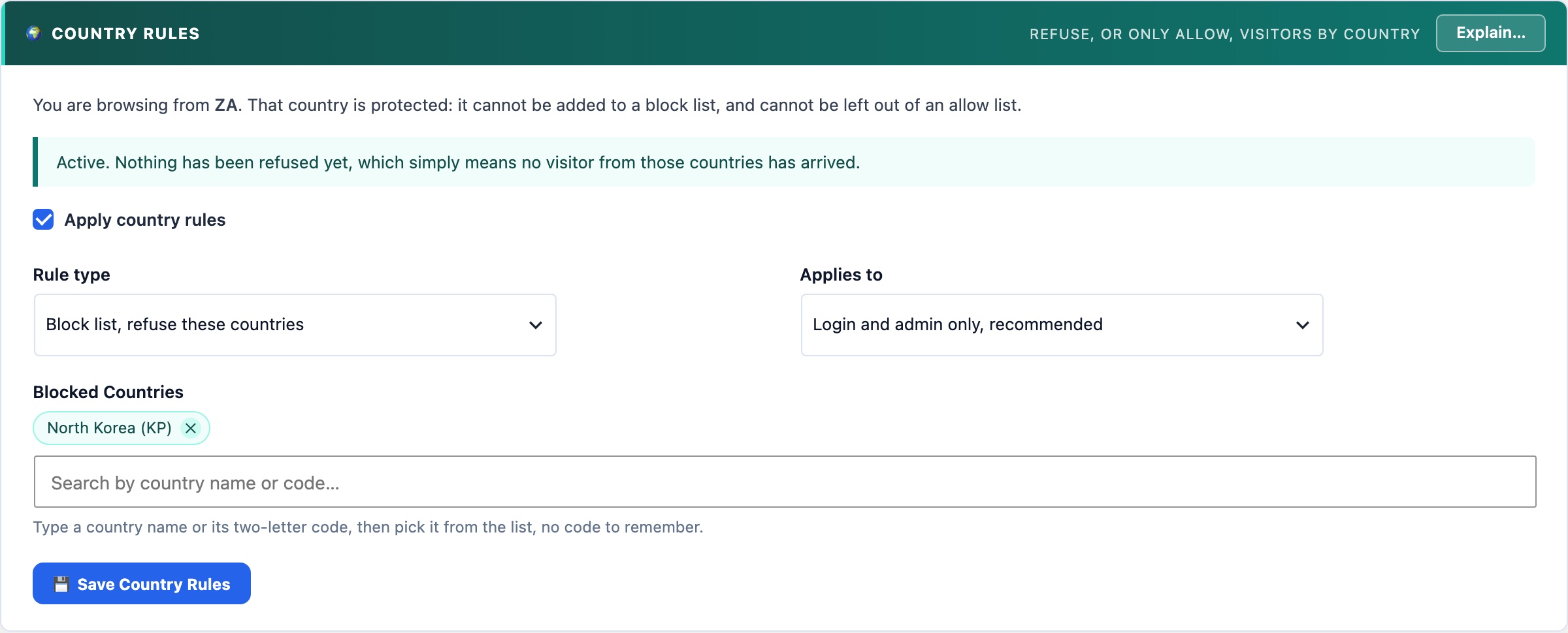 WordPress country blocking with block list or allow list, for login and admin only or the whole site