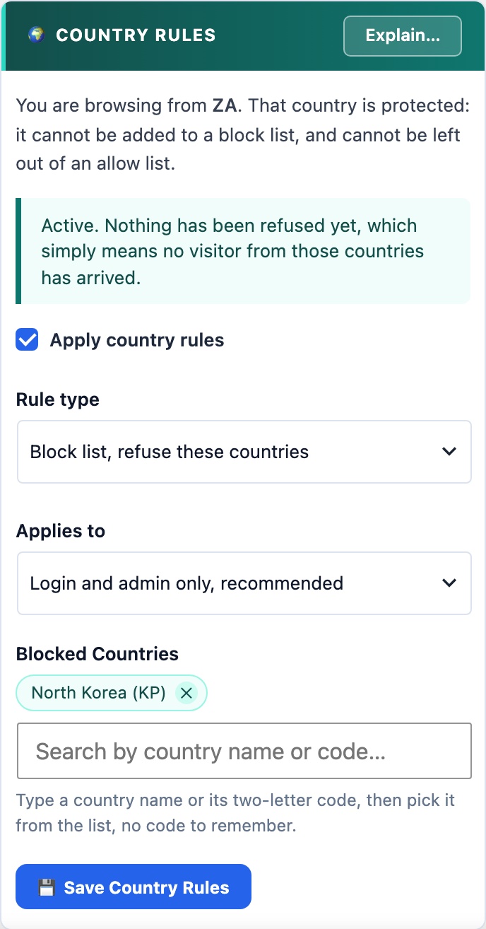 WordPress country blocking with block list or allow list, for login and admin only or the whole site, as it appears on a mobile screen