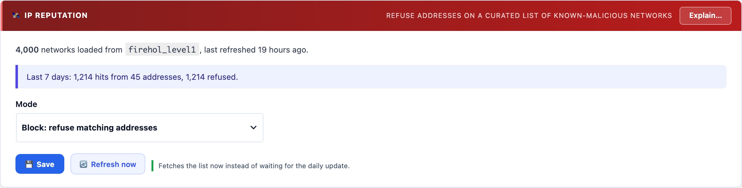 WordPress IP reputation blocklist using FireHOL level1 and Spamhaus DROP, refreshed daily