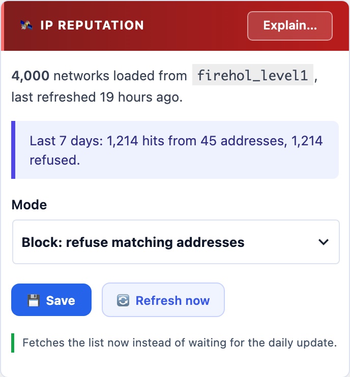 WordPress IP reputation blocklist using FireHOL level1 and Spamhaus DROP, refreshed daily, as it appears on a mobile screen