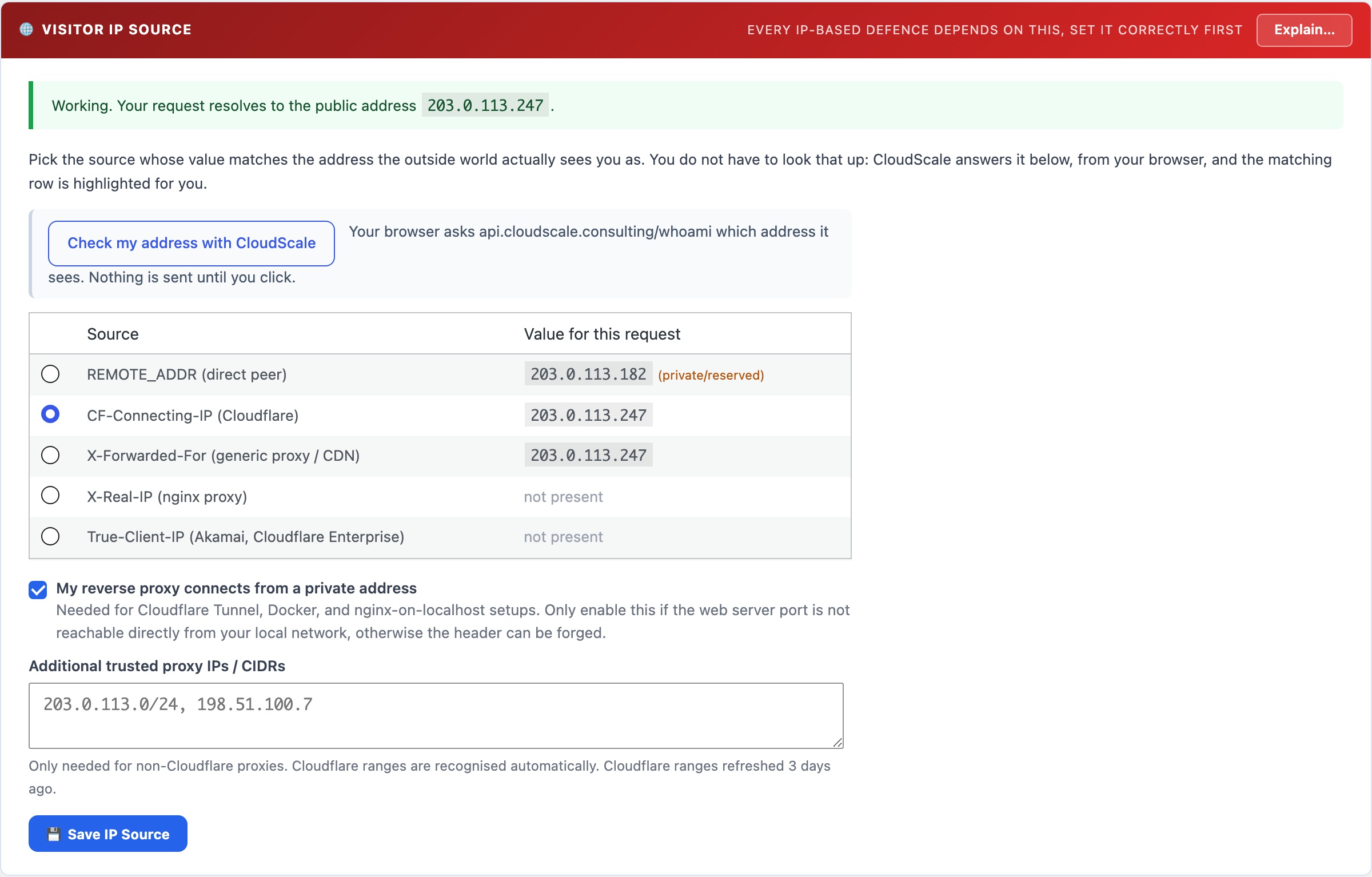 WordPress visitor IP source setting with detection table for Cloudflare, CDN and reverse proxy headers