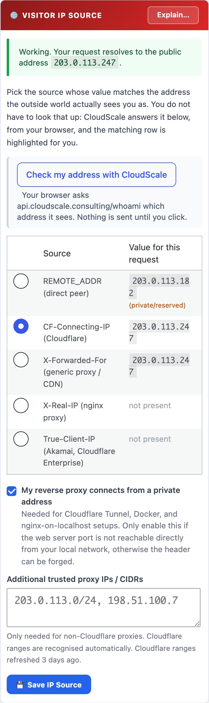 WordPress visitor IP source setting with detection table for Cloudflare, CDN and reverse proxy headers, as it appears on a mobile screen