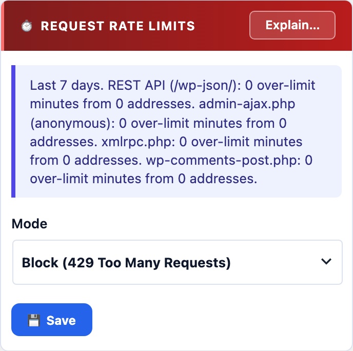 WordPress rate limiting for the REST API, admin-ajax and XML-RPC returning 429 Too Many Requests, as it appears on a mobile screen
