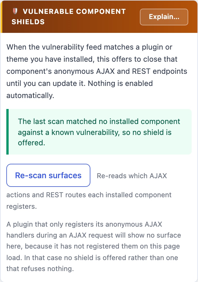 WordPress vulnerable plugin shields closing anonymous AJAX and REST endpoints until the plugin is updated, as it appears on a mobile screen